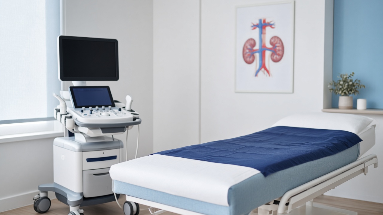 Sală de ecografie într-un cabinet urologic, folosită când evaluarea varicocelului o cere